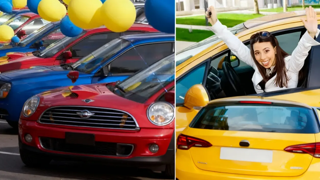 Auto colorate in esposizione e una persona felice alla guida di un'auto gialla