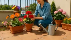 Persona che cura piante fiorite in vasi su un terrazzo soleggiato