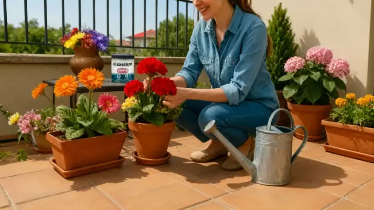 Persona che cura piante fiorite in vasi su un terrazzo soleggiato