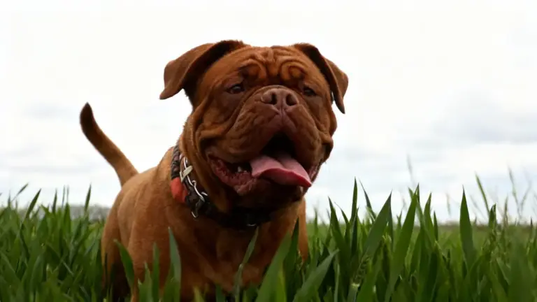 Cane marrone in un giardino con erba alta in una giornata nuvolosa