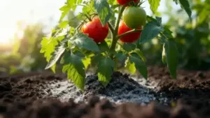 Pianta di pomodoro con cenere distribuita sul terreno circostante