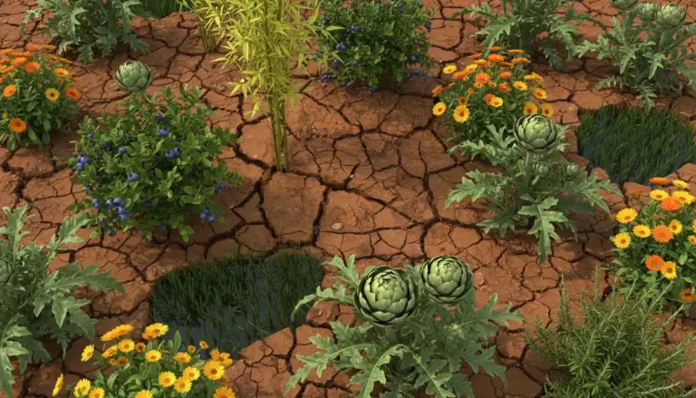 Piante come carciofi, calendule e mirtilli crescono su terreno argilloso e compatto