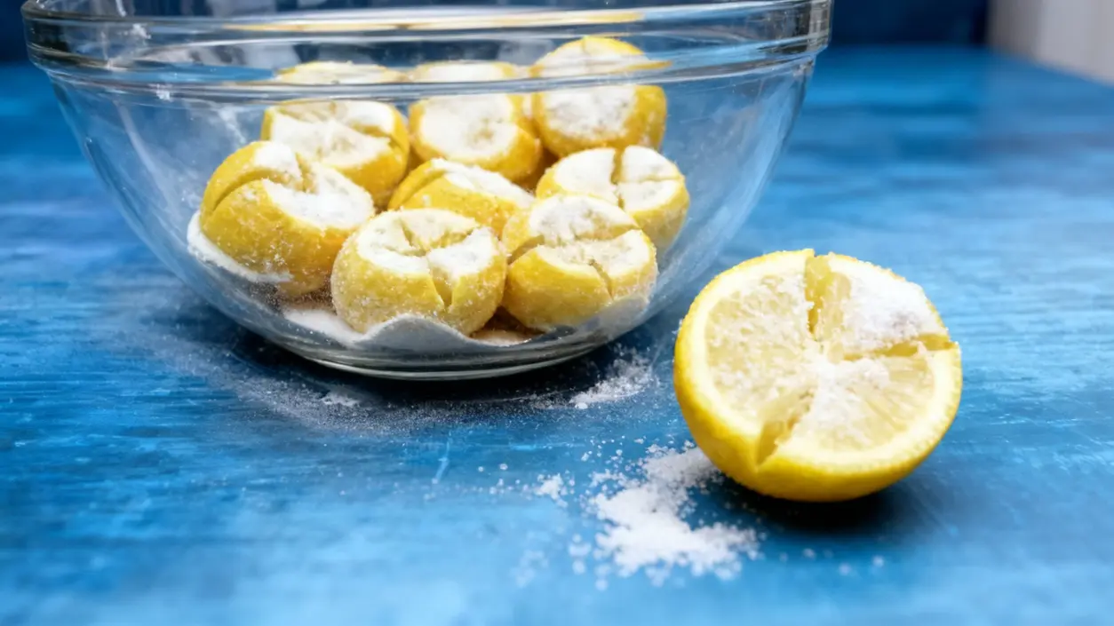 Limoni tagliati e cosparsi di sale in una ciotola di vetro su una superficie blu