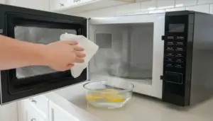 Una mano pulisce l'interno di un microonde con un panno, accanto a una ciotola con limone e vapore