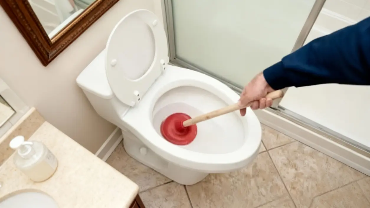 Una persona usa uno sturalavandini rosso per sturare un WC in un bagno domestico