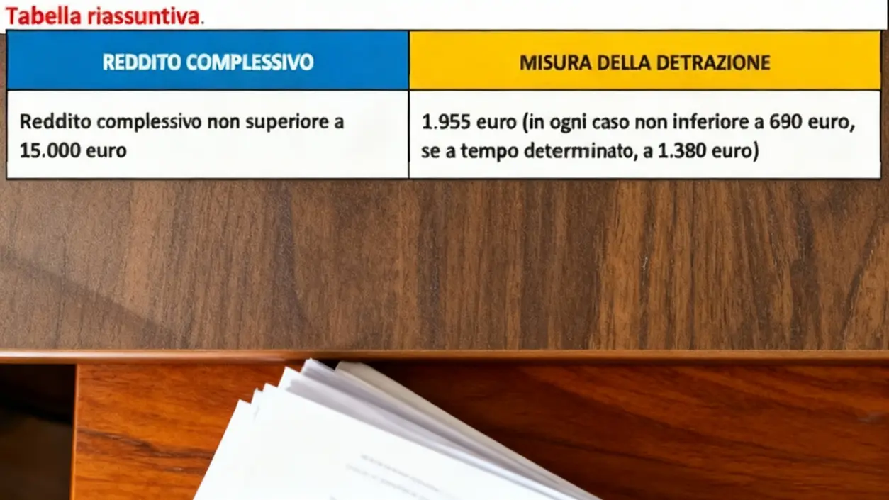 Tavolo con documenti e una tabella riassuntiva sulle detrazioni fiscali per redditi inferiori a 15.000 euro