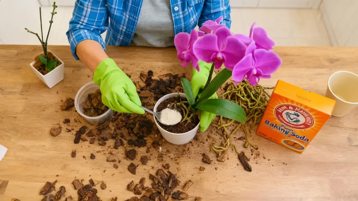 Una persona aggiunge bicarbonato di sodio al terriccio di un'orchidea in vaso