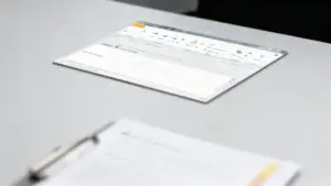 Schermo di un computer con una finestra email aperta su una scrivania