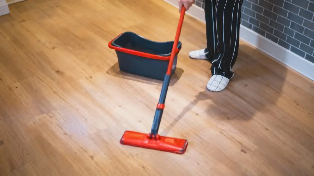 Persona che pulisce un pavimento in parquet con un mocio rosso e secchio