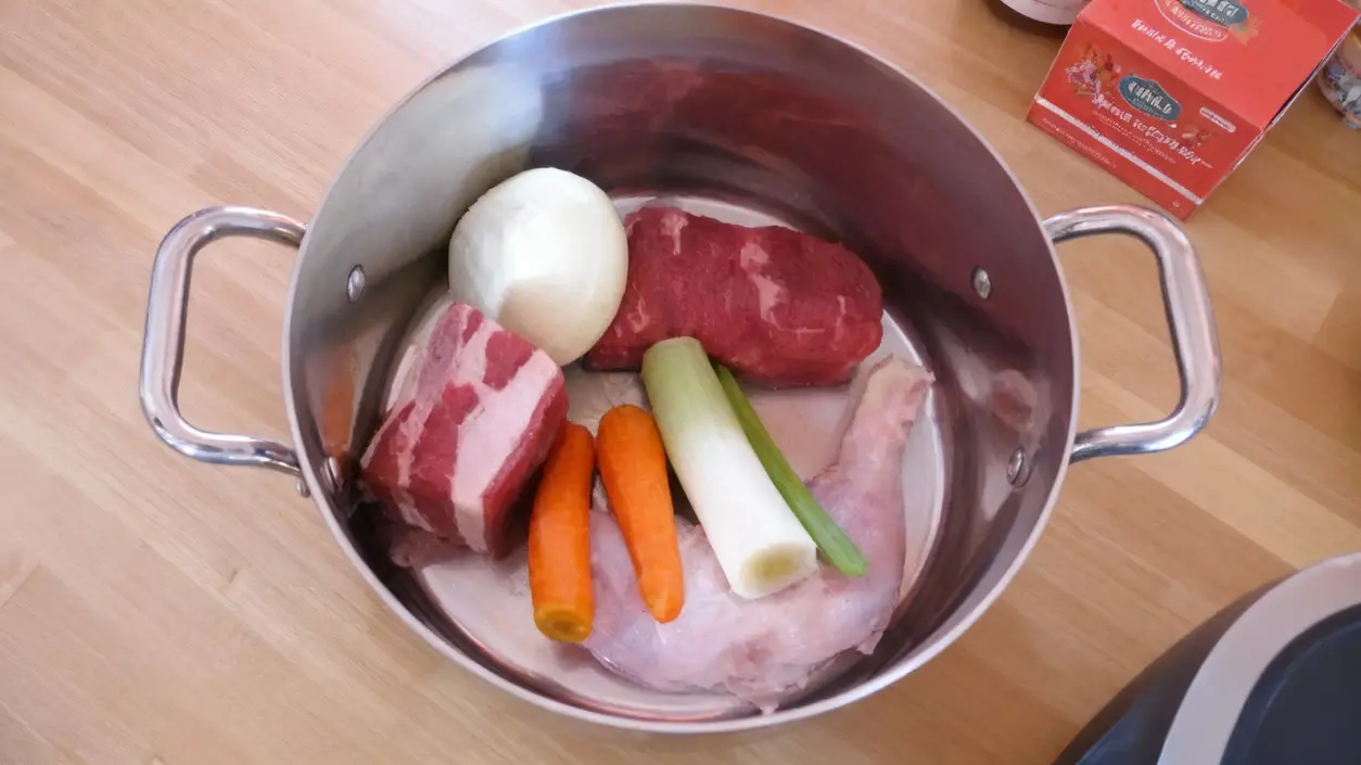 Ingredienti per il brodo di carne in una pentola su un piano di legno