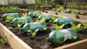 Orticoltura con bottiglie di plastica usate per irrigazione automatica su letti rialzati
