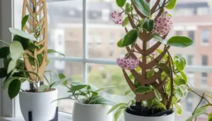Piante in vaso su un davanzale, tra cui una con fiori rosa a grappolo