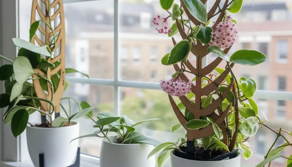 Piante in vaso su un davanzale, tra cui una con fiori rosa a grappolo