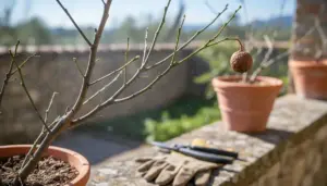 Pianta di limone in vaso con rami secchi e un frutto avvizzito