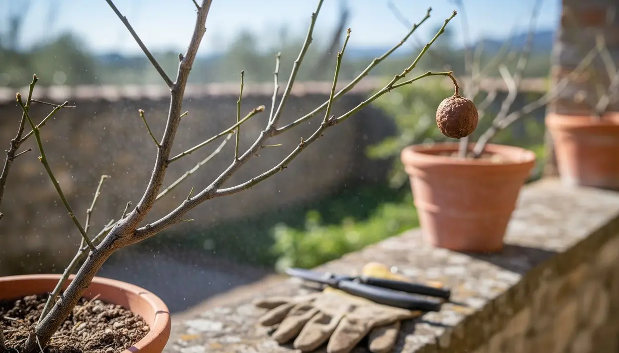 Pianta di limone in vaso con rami secchi e un frutto avvizzito