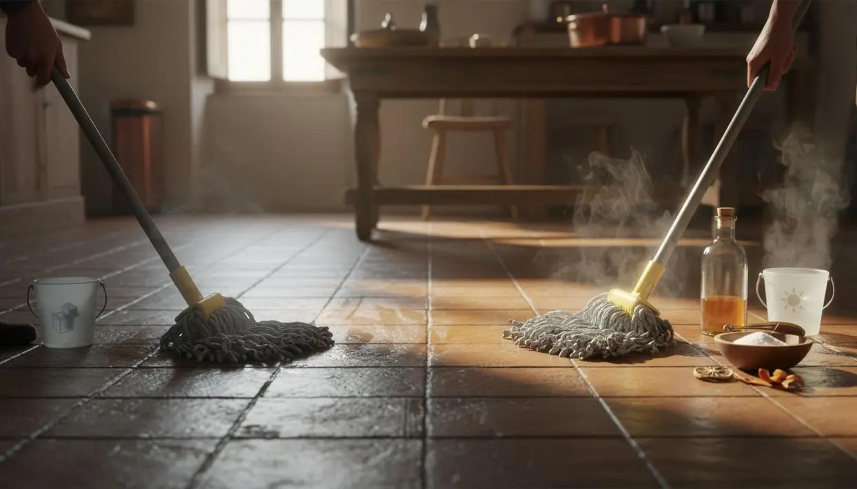 Due persone puliscono un pavimento di piastrelle con mop, una con acqua fredda e una con acqua calda e ingredienti naturali