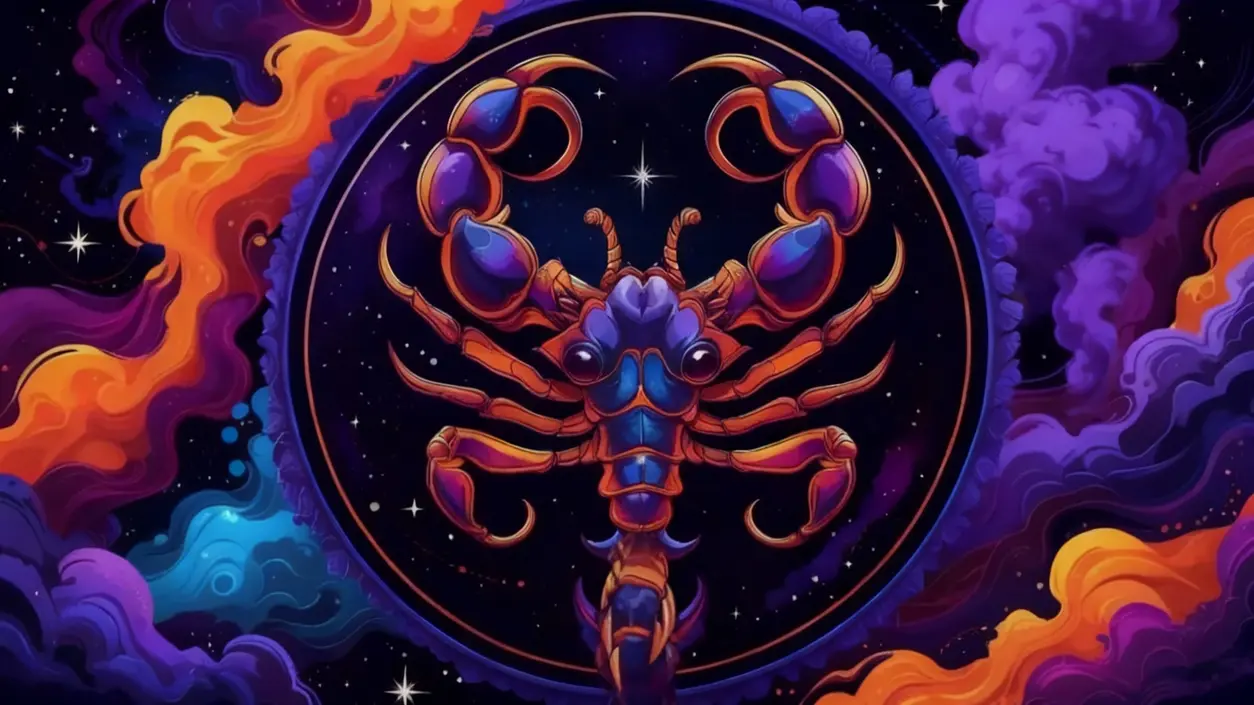 Illustrazione zodiacale del segno dello Scorpione con sfondo cosmico colorato