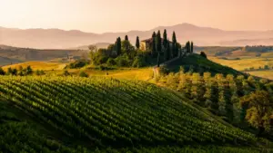 Paesaggio collinare al tramonto con vigneti e una casa colonica tra cipressi