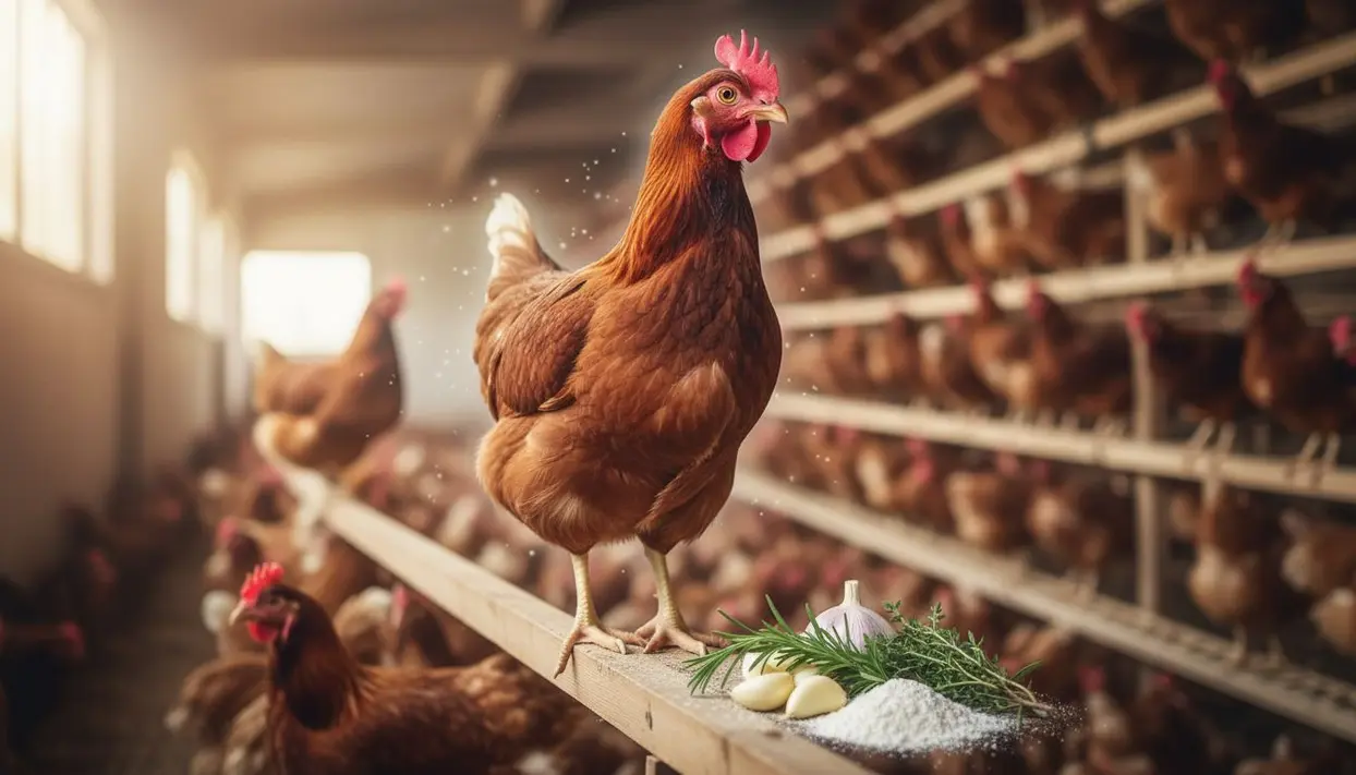 Gallina in un pollaio con aglio, rosmarino e polvere naturale su una trave di legno