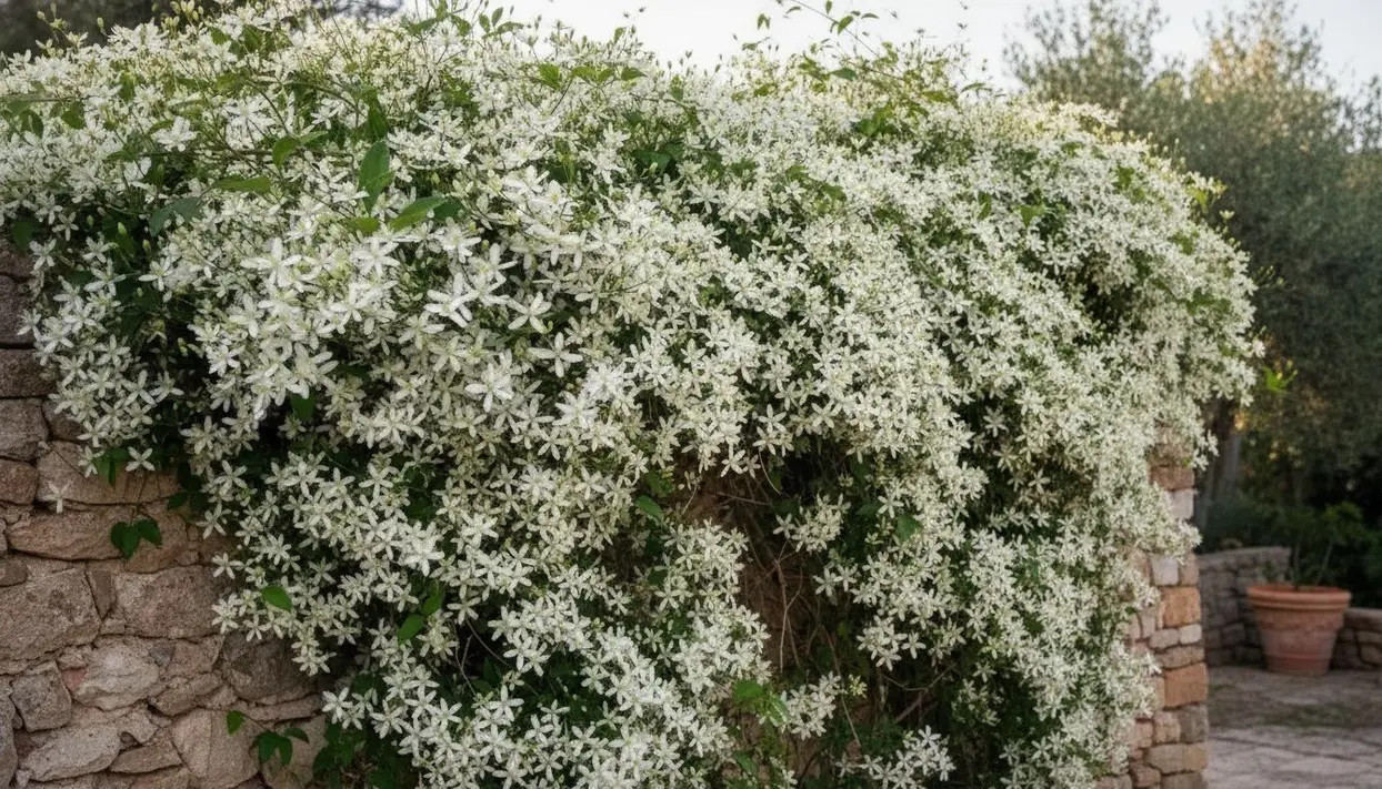 Pianta rampicante con fiori bianchi che cresce su un muro di pietra in un giardino