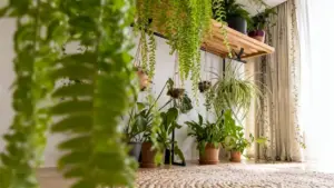 Piante verdi da interno sistemate su scaffali e in vasi vicino a una finestra luminosa.