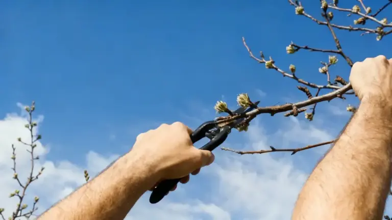 Potatura di un ramo con germogli primaverili sotto un cielo sereno