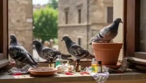 Piccioni su un davanzale con bottigliette di oli essenziali, aglio e peperoncini
