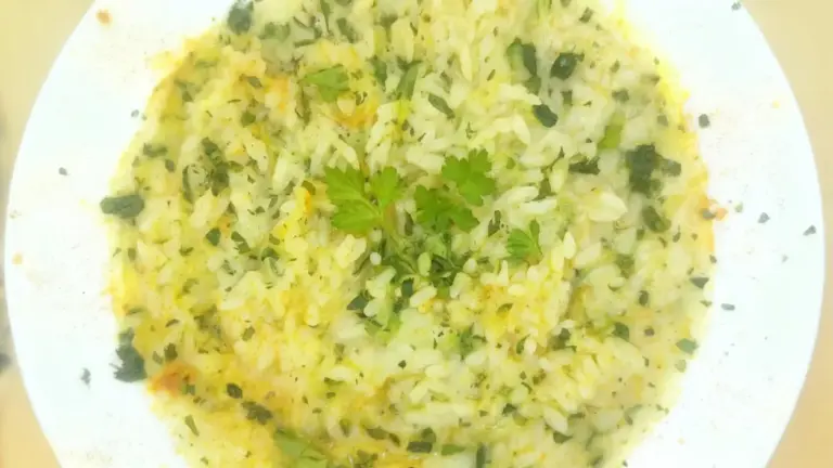 Piatto di risotto alle zucchine cremoso guarnito con prezzemolo fresco