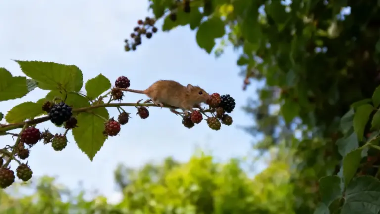 Un topo su un ramo di rovo mentre mangia una mora in un orto
