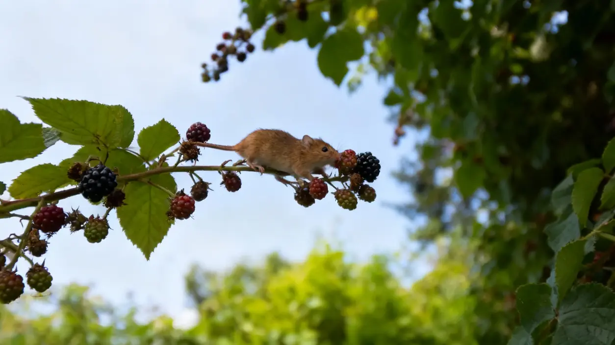 Un topo su un ramo di rovo mentre mangia una mora in un orto