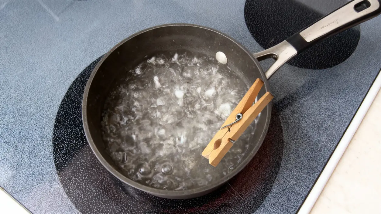 Pentola con acqua bollente su fornello e molletta di legno fissata al bordo