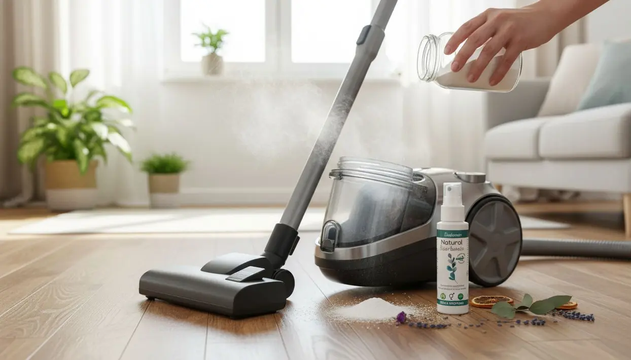 Mano che versa polvere in un aspirapolvere con prodotti naturali su un pavimento di legno