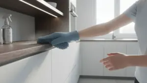 Una persona con guanto pulisce una superficie in legno con un panno cattura polvere in una cucina luminosa