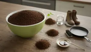 Ciotola di fondi di caffè su un tavolo con oggetti per la pulizia e piantina.