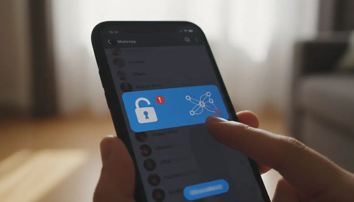 Una mano utilizza uno smartphone con l'app WhatsApp aperta e un'icona di avviso sulla privacy