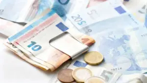 Banconote e monete in euro con fermasoldi su superficie chiara