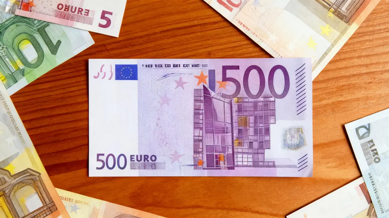 Banconota da 500 euro circondata da altre banconote di diverso taglio su un tavolo di legno