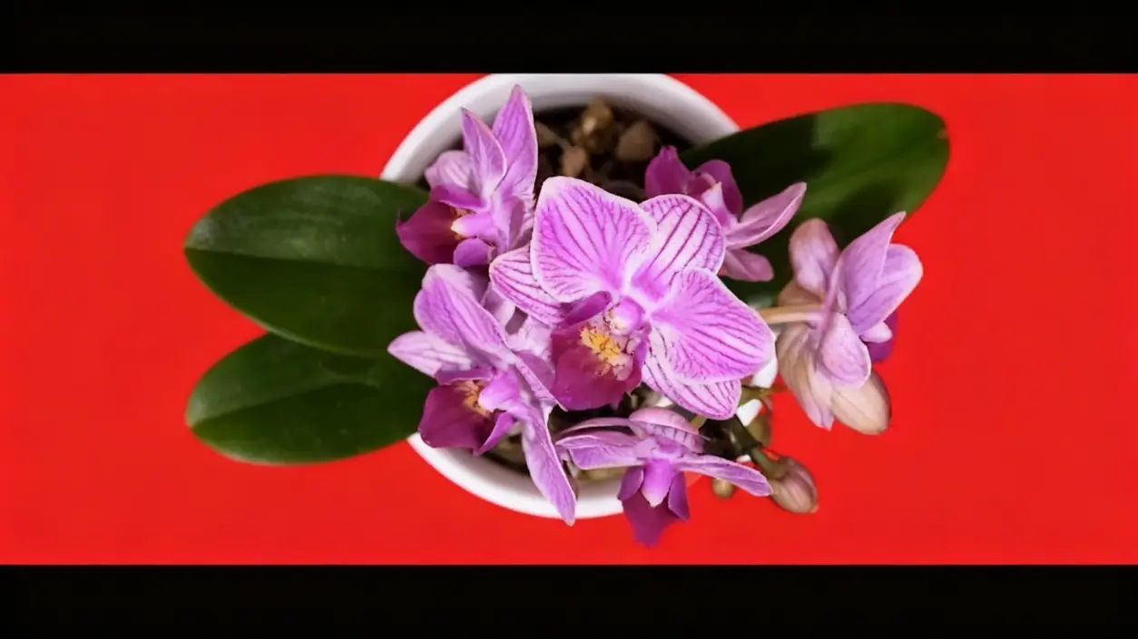 Orchidea con fiori viola in vaso bianco vista dall'alto su sfondo rosso