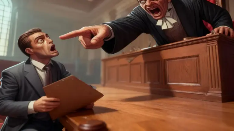 Una persona sorpresa di fronte a un giudice che lo accusa in un'aula di tribunale