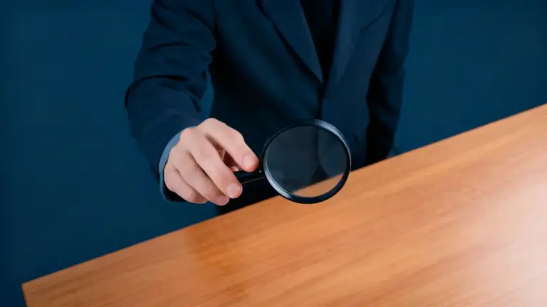 Persona in abito che osserva con lente d'ingrandimento sopra una scrivania