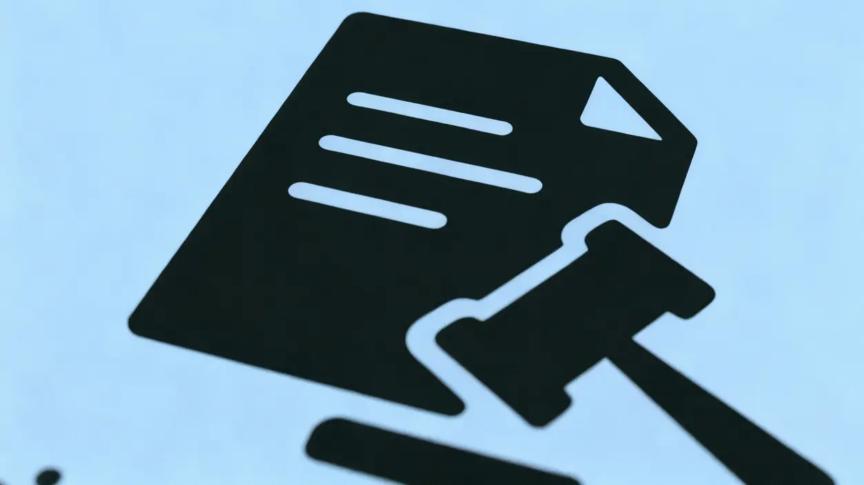 Icona stilizzata di un documento con un martelletto legale su sfondo blu