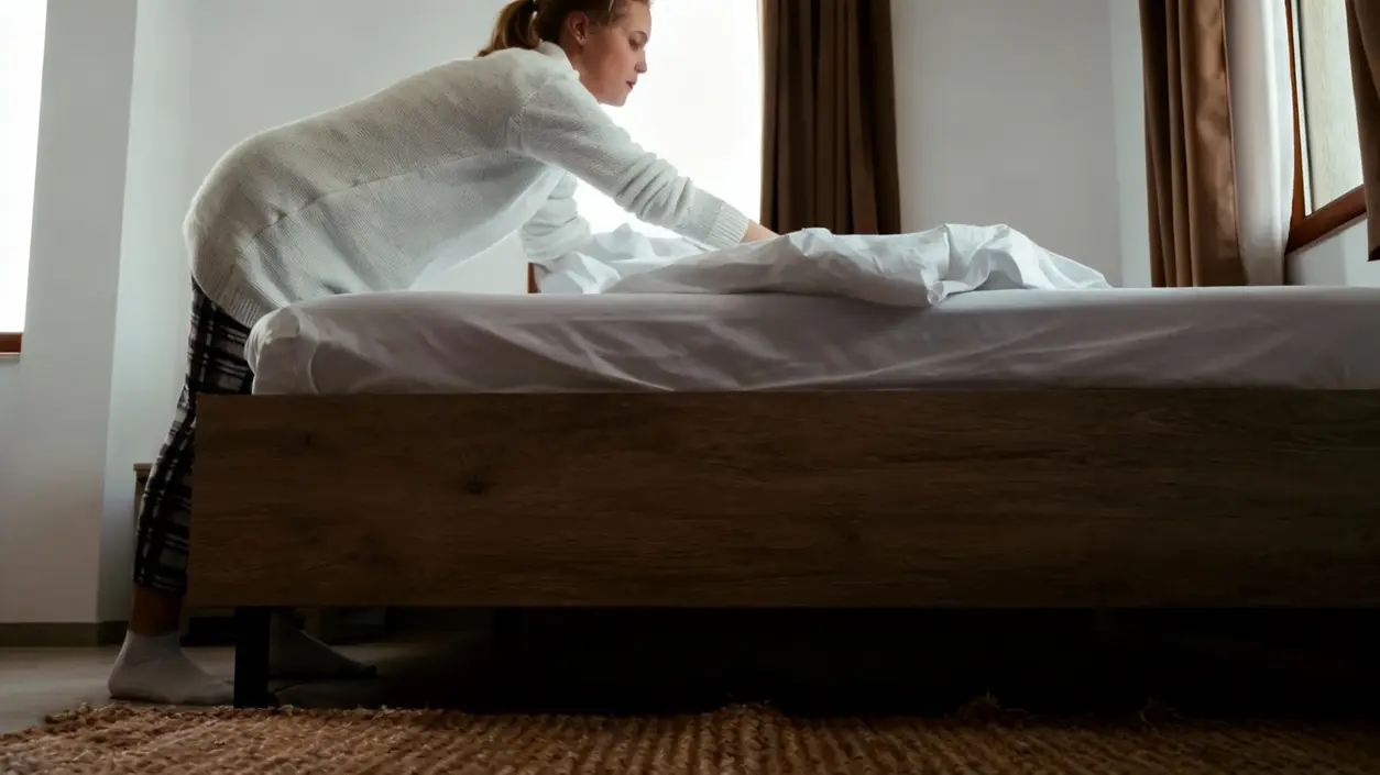 Una persona che sistema un letto in una stanza luminosa con tende marroni