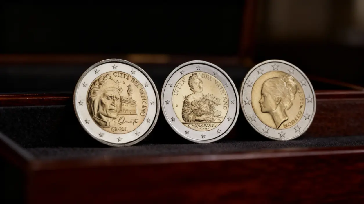 Tre monete commemorative da due euro esposte in una scatola da collezione