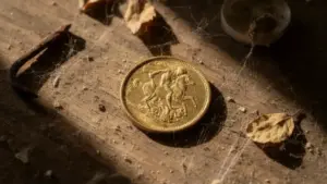 Vecchia moneta dorata su tavolo polveroso con ragnatele e foglie secche