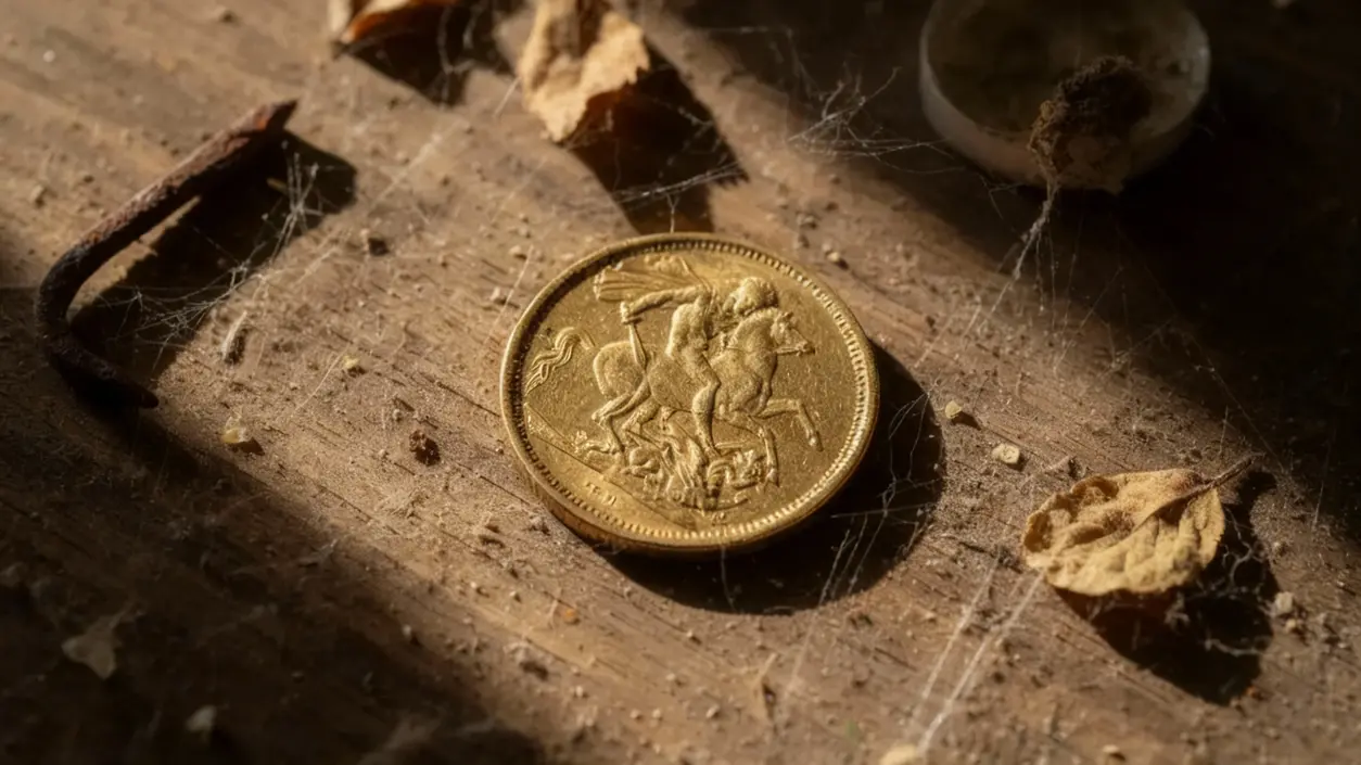 Vecchia moneta dorata su tavolo polveroso con ragnatele e foglie secche